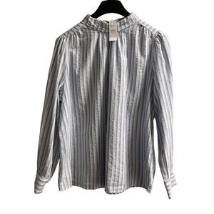 Loft Womens Top Blue Striped High Neck Keyhole Back Blouse Womens XL Preppy